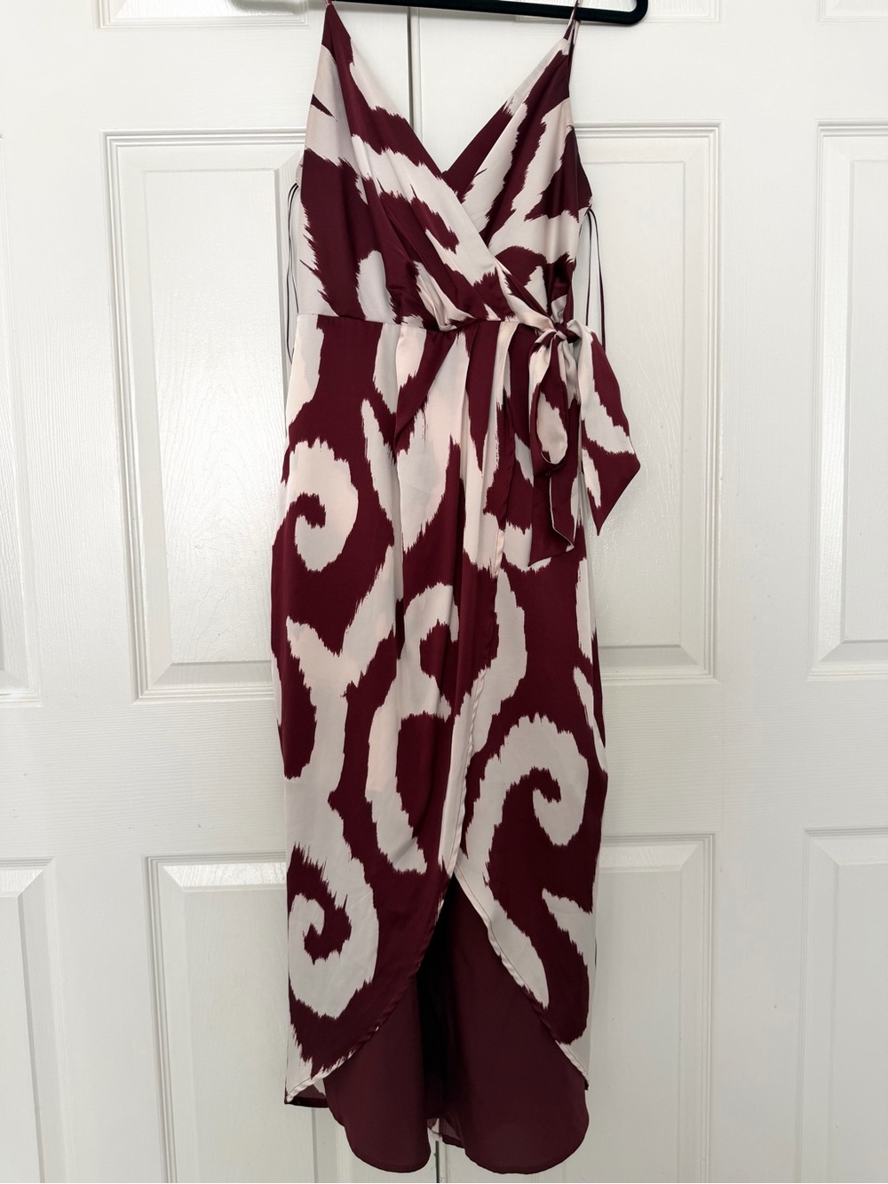 Express Ikat Surplice Wrap Midi Dress Burgundy Satin Spaghetti Straps Size M